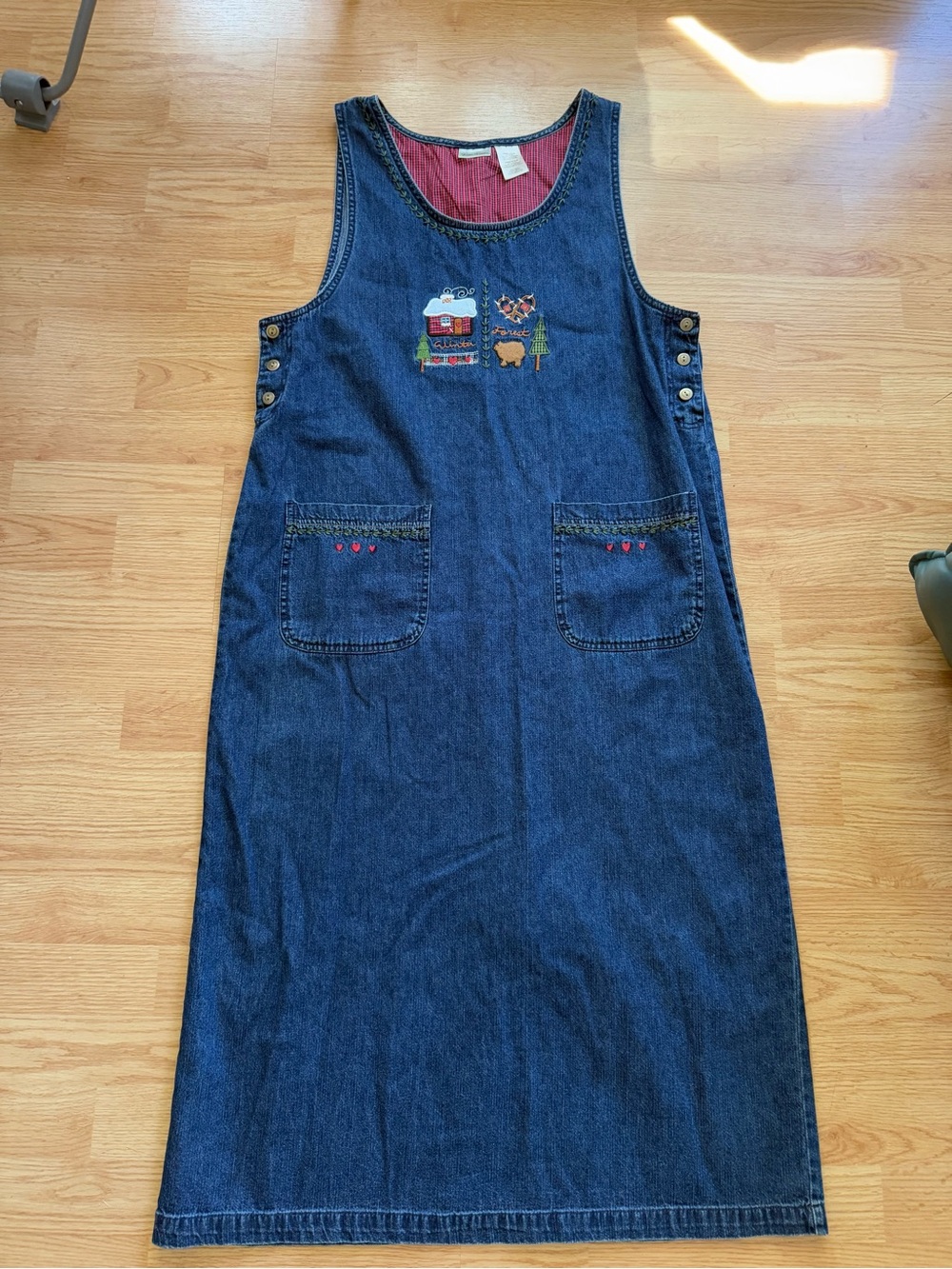 Vtg 90s Bobbie Brooks Embroidered Winter Forest Denim Jumper Dress L 12/14